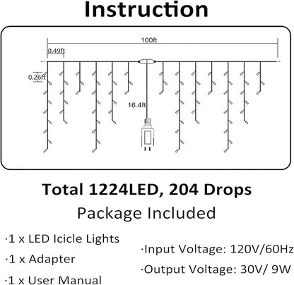 Toodour Christmas Icicle Lights Outdoor, 1224 LED 100ft 8 Modes Fairy Icicle String Light with 204 Drops, Led Christmas Lights Twinkle for Holiday, Party, Wedding, Eaves, Xmas Decorations (Warm White)