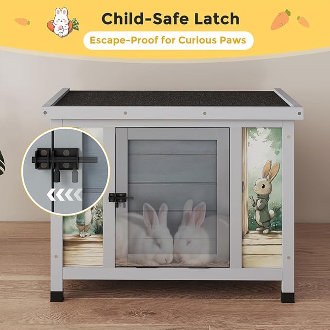 COZIWOW 24in Wooden Cat House Outdoor & Indoor Pet Shelter with Foldable Ramp - Weatherproof Rabbit Hutch with Unique Machine-Printed Art Designs for Cat, Rabbit, Guinea Pig (Grey)-Mewly Pet