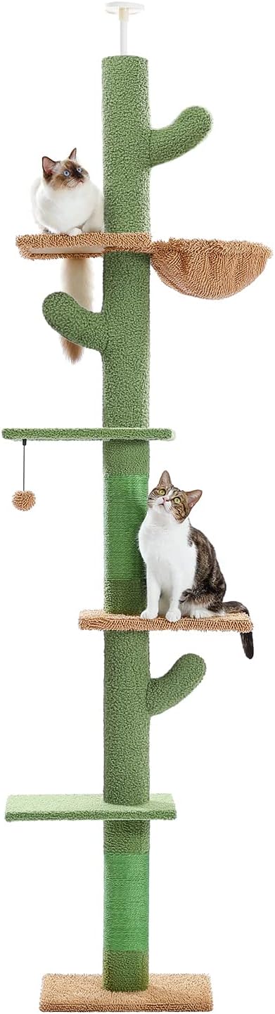 PAWZ Road Cat Tree, Cactus Floor to Ceiling Cat Tower with Adjustable Height(95-108 Inches), 5 Level Cat Climbing Tower with Cozy Hammock, Platforms and Dangling Balls for Indoor Cats-Mewly Pet