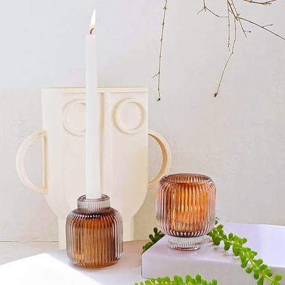 Woho Brown Votive Candle Holders Bulk of 4 for Fall Decor, Tealight Candle Holder for Halloween/Thanksgiving, Vintage Glass Tea Lights Candle Holder for Dining Table(Brown, 3.5'' Tall 3.1'' Diameter)