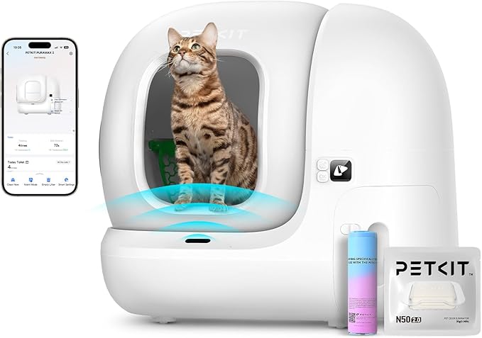 PETKIT PuraMax 2 Automatic Self-Cleaning Cat Litter Box, App Control Scoop-Free Litter Box with Safety Sensors, Odor Free & Anti-Leakage Basic Bundle Includes Trash Bags,2.4G WiFi & Low Entrance-Mewly Pet