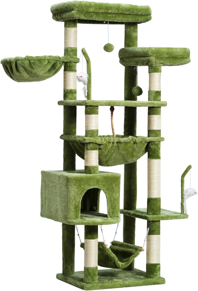 Cat Tree, Cat Tower for Large Cats with 2 Big Platforms, 2 Baskets, condo and Toys, 63" Cat Scratching Posts for Indoor Cats, Green GCT020GR-Mewly Pet