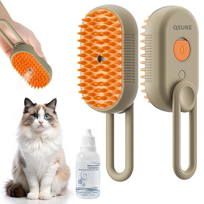 3 in 1 Cat Steam Brush, Pet Steam Cats Brushes Rechargeable Anti-Static Grooming Brushe, Vibration Massage Cleaning Shedding & Combing Multifunctional Hair Removal Comb for Cats Dog (Khaki)-Mewly Pet