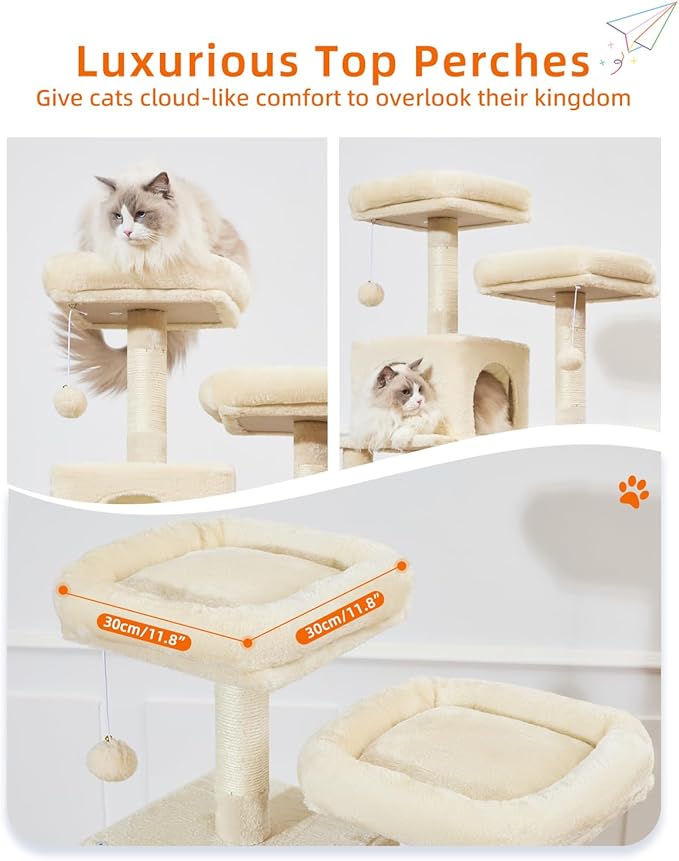Taoqimiao Cat Tree, 68-Inch Cat Tree Cat Tower for Indoor Cats, Plush Multi-Level Cat Condo with 6 Scratching Posts, 2 Perches, 2 Caves,Hammock, 3 Pompoms,MS020SM Beige-Mewly Pet