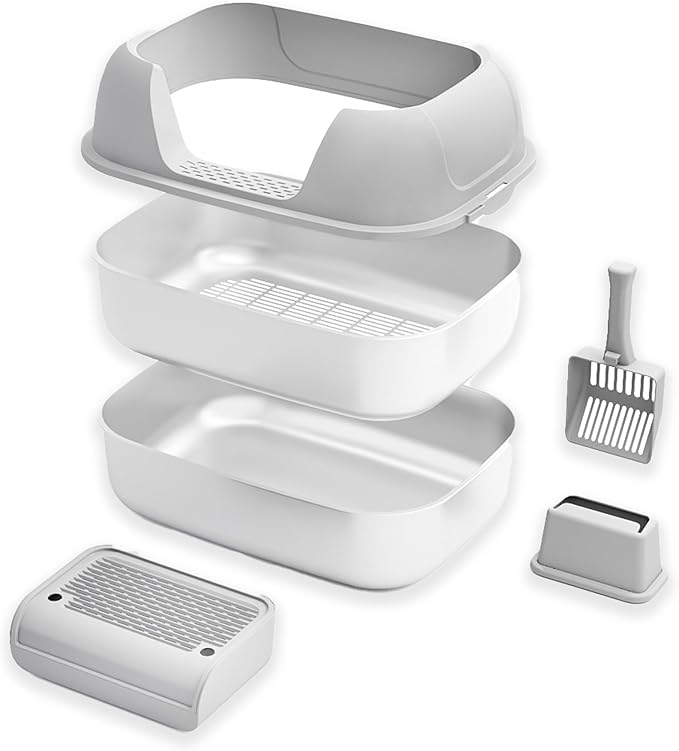 Stainless Steel Sifting Litter Box with Lid, Metal Litter Pan Tray with Scoop for Big Cats & Multi Cat, Extra Large Cats Litterbox Odor Control, Easy Clean (with Enclosure & Step, X-Large)-Mewly Pet