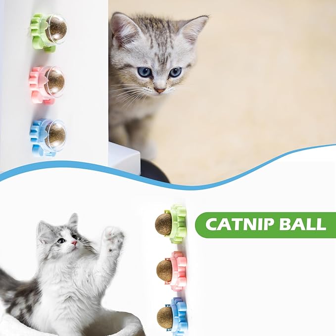 4 Pack Catnip Balls Roller Wall Ball for Cats Spinning Catnip Station Licking Balls Organic Cat nip Chew Ball for Teeth Cleaning & Play-Mewly Pet