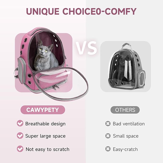 Cat Backpack Carrier, Breathable Cat Carrier Large Space Bubble Pet Backpack for Kitty Small Dog up to 15lbs, Transparent & Foldable Pet Carrier for Travel Hiking（Pink）-Mewly Pet