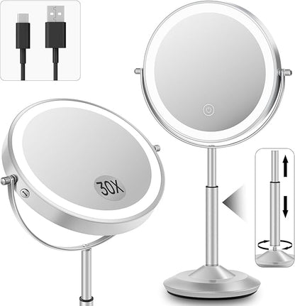 Makeup Mirror with Lights, 1X/30X Lighted Magnifying Mirror Height Adjustable, 3000mAh Rechargeable Double Sided Vanity Mirrors with 3 LED Lighting and Adjustable Brightness for Desk Women Gift