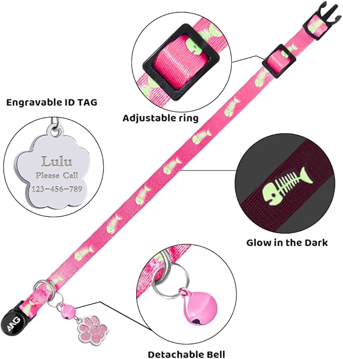 Personalized Breakaway Cat Collars Glow-in-The-Dark with ID Tag, Bell - Safety Quick - Release, Customizable for Female Male Kittens & Cats (Pink)-Mewly Pet