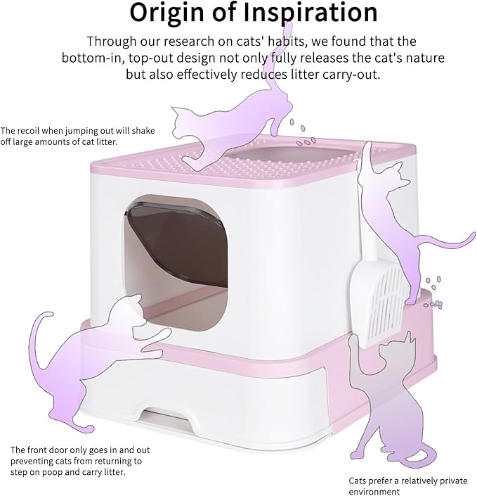 RIZZARI Foldable Cat Litter Box,Cat Box with Drawer, Large Capacity Litter Box with Lid, Top Opening Litter Pan for Small to Big Cats (Pink)-Mewly Pet