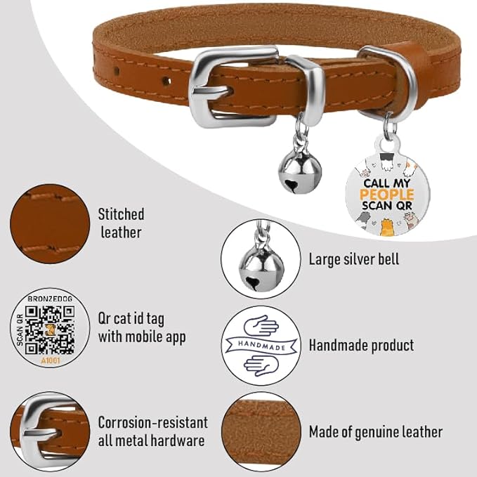 BRONZEDOG Leather Cat Collar with Removable Bells Non Breakaway Kitten QR Tag for Girl Boy (9" - 12" Cats/Mini Dogs, Light Brown & Silver)-Mewly Pet