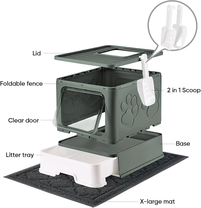 Cat Litter Box with X-Large Litter Mat and Scoop, Large Foldable Litter Box with Lid, Enclosed Kitty Box,Front Top Entry Exit, Odor Control Easy to Clean (Upgrade Olive Green)-Mewly Pet