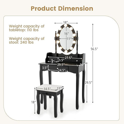 CHARMAID Girls Makeup Vanity Desk with Lights, Vanity Table with Lighted Mirror, 3 Lighting Modes, Adjustable Brightness, Modern Makeup Table with 3 Drawers and Stool for Small Space (Black)