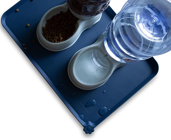 Hoki Found Large Silicone Pet Food Mat - Non Slip Dog, Cat Bowl Mat Tray - Waterproof Feeding Placemat - Indigo Ink-Mewly Pet