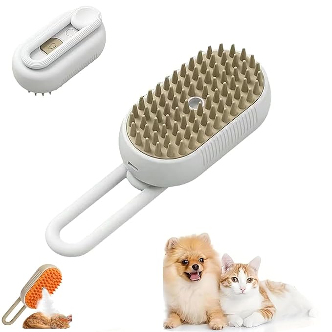 Cat Hair Steam Brush for Shedding，Cloud Care Cat Brush, 2024 Best Cat Steam Brush, Pet Steam Brush, 3-in-1 Self-Cleaning Cat Brush with 360° Rotating Arm, Detachable Silicone Bristle Head (White)-Mewly Pet