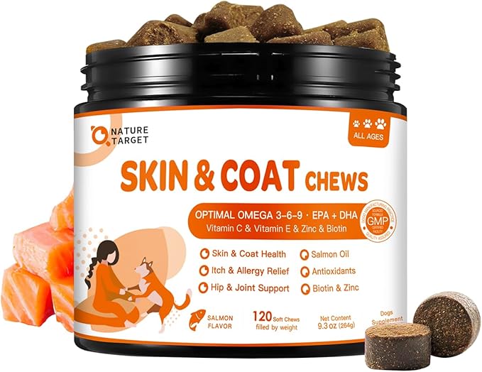 NATURE TARGET Omega 3 Fish Oil for Dogs, Salmon Oil Skin and Coat Supplement for Dogs Itchy Skin Relief with Omega 3-6-9 (EPA & DHA), Zinc, Biotin and Vitamin E & C - 120 Salmon Flavored Soft Chews-Mewly Pet