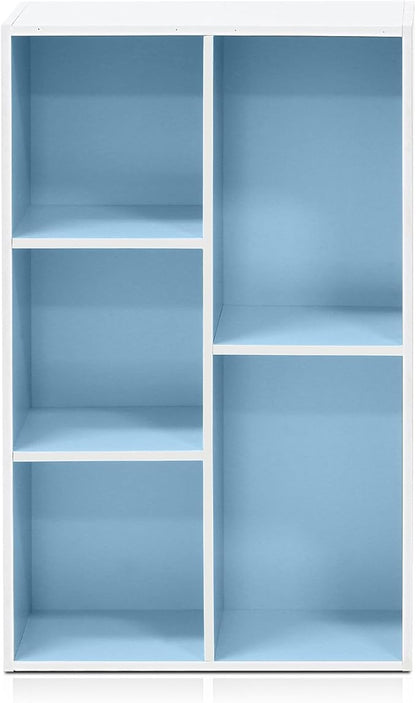 Furinno LUDER Book Shelf, 5-Cube Bookshelf, Reversible Bookcase, 9.4" x 19.5" x 31.5", for Living Room, Bedroom, Home Office, White/Light Blue