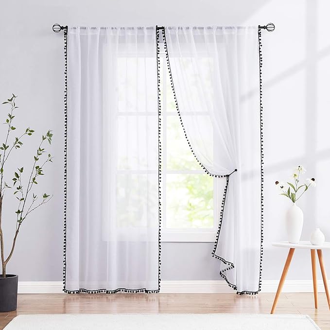Treatmentex Sheer White Curtains with Black Pom Pom Curtains 84" Long Linen Textured Look Decorative Window Drapes Navy 52" w 1Pair