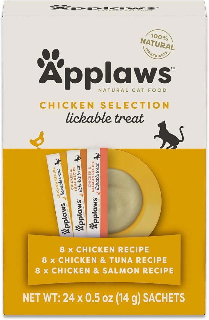 Applaws Lickable Cat Treats, Natural Grain-Free Purée, Limited Ingredient, Chicken Squeeze Up Cat Treats (24 x 0.25 oz Sachets)-Mewly Pet