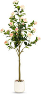 5FT Artificial Camellia Tree with White Planter & Pebbles,Faux Flower Tree with Lifelike Leaves and Realistic Trunk,Tall Fake Potted Plant for Home Decor Indoor Outdoor. (White, 5FT)