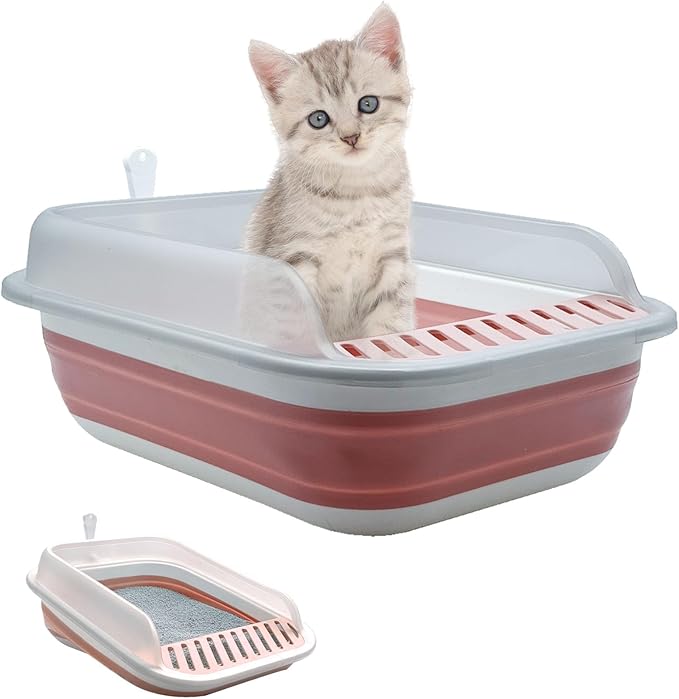 Low Entry Kitten Litter Box,Collapsible Cat Litter Box, Open Small Cat LitterBox with High Side Shallow Kitten Litter Pan Anti-Splashing Waterproof with Falling Sand Pedal-Mewly Pet