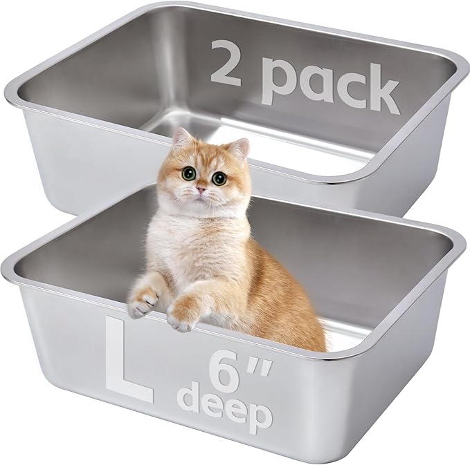 Stainless Steel Litter Box 2 Pack，Metal Litter Box Easy to Clean,Cat Litterbox Supplies for Kitten, Kitty, Rabbit, 6" High Side Cat Litter boxs,Stainless Steel LitterBox, No Smell,Non Stick-Mewly Pet