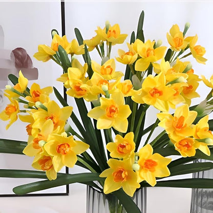 Artificial Flowers for Vases 17.7 Inch 10 Stems， Silk Dried Fake Mums Bouquet Indoor Faux Floral Arrangements for Decoration (Yellow Narcissus)