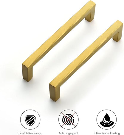 Ravinte 10 Pack Solid Kitchen Cabinet Handles Gold Slim Cabinet Pulls Drawer Pulls with 4 Inch Hole Center Square Bar Kitchen Cabinet Hardware Brushed Brass Cabinet pulls
