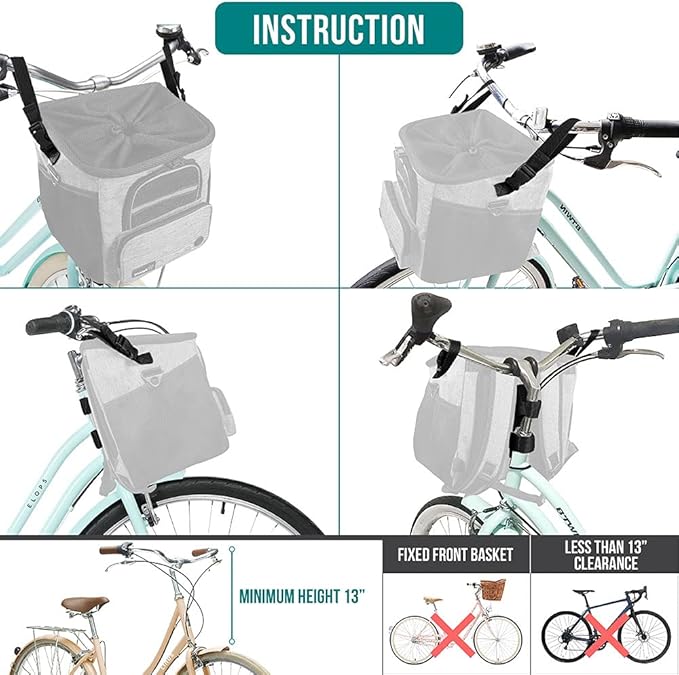 PetAmi Dog Bike Basket, Soft-Sided Ventilated Dog Bike Carrier Backpack, Pet Bicycle Basket for Bike Handlebar, Small Medium Puppy Cat Kitten Car Booster Seat with Safety Strap, Max 18 lbs, Gray-Mewly Pet