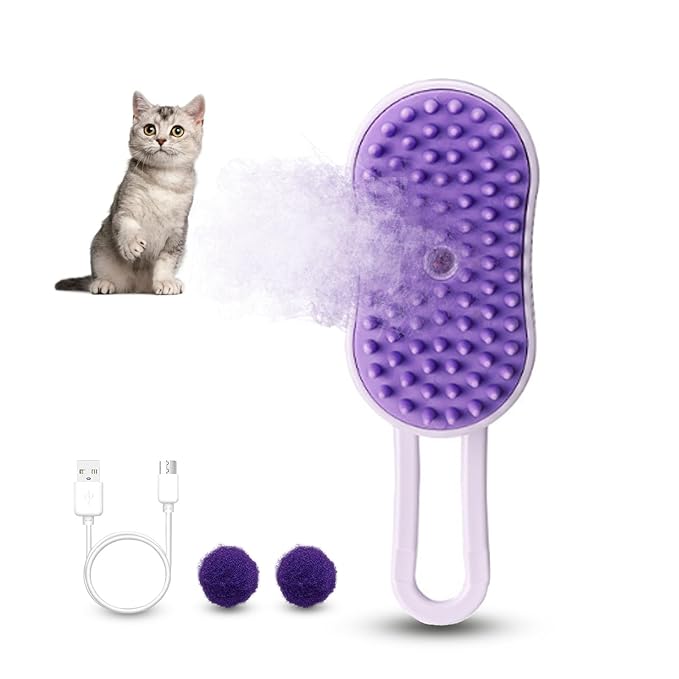 Cat Steam Brush, Rechargeable Pet Steam Grooming Brush with Collapsible Handle, Cat Brushes for Indoor Cats, Cat Water Brush, Detangling and Removing Loose Hair, includes Charging Cable-Mewly Pet