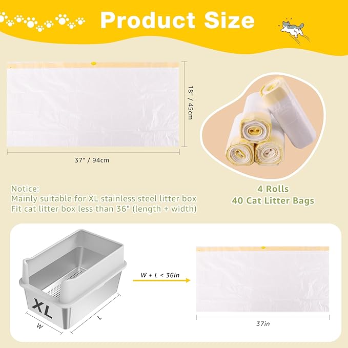 Litter Box Liners 40 Count, 37" x 18" Jumbo 3MIL Thicken Cat Litter Bags Tear Resistant Disposable Cat Litter Liners for XL Stainless Steel Litter Box and Other Suitable Size Litter Box-Mewly Pet