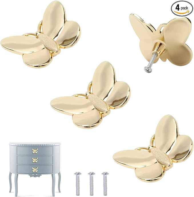 Gold Butterfly Cabinet Knobs Kitchen Hardware for Cabinets Cute Animal Dresser Knobs Furniture Cupboard Handles Single Hole Drawer Knobs and Pulls 4 Pcs (Gold)