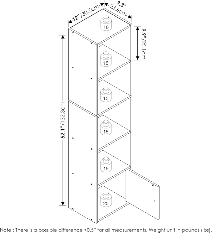 Furinno LUDER Book Shelf, 5-Tier Modern Bookshelf, Bookcase with 1 Door Storage Cabinet, 9.3" x 12" x 52", for Living Room, Bedroom, Home Office, Blackwood
