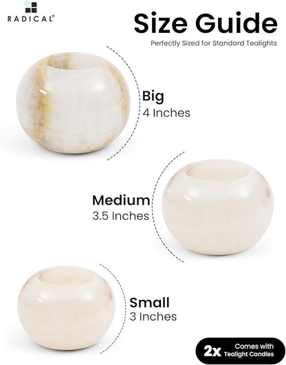 Radicaln Marble Tealight Candle Holder 4" Inch White Onyx Handmade Decorative Votive Candle Holder for Wedding Centerpieces, Elegant Set of 3 Mini Candle Holders for Living Room