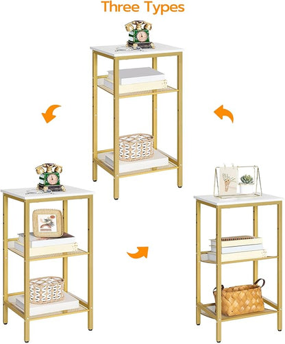 HOOBRO Side Table, 3-Tier Tall End Telephone Table with Adjustable Mesh Shelves, Small Entry Table for Living Room Bedroom Hallway or Office, White and Gold DW01DH01G1