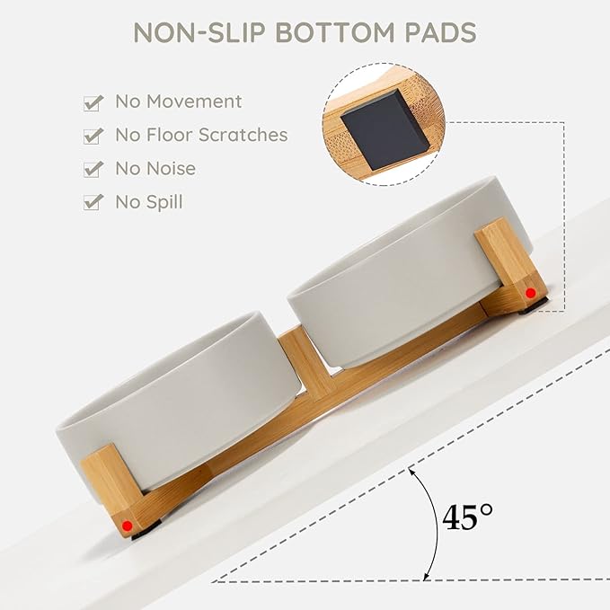 SPUNKYJUNKY Ceramic Dog and Cat Bowl with Wood Stand Non-Slip Matte Glaze Weighted Food Water Set for Cats &Small Dogs 13.5OZ-Mewly Pet