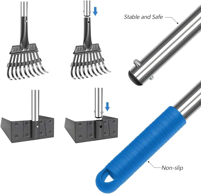 QiMH Upgraded Dog Pooper Scooper Extra Large, Adjustable Long Handle Stainless Metal Pet Poop Tray and Rake Set for Large Medium Small Dogs, Dog Waste Removal Bin Rake, Great for Grass, Street, Gravel-Mewly Pet