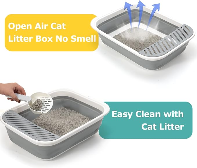 Foldable Cat Litter Box, Large Height-Adjustable Anti-Splash Open Air Kitty Litter Pan, Easy Clean with Scoop (Gray)-Mewly Pet