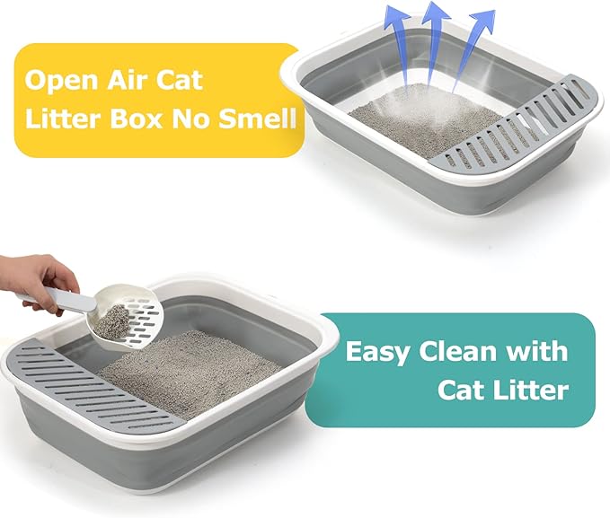 Open Top Cat Litter Box, Large Foldable Kitty Potty with Height-Adjustable Sides and Anti-Splash Design, Easy Clean with Cat Litter Scoop (Gray)-Mewly Pet