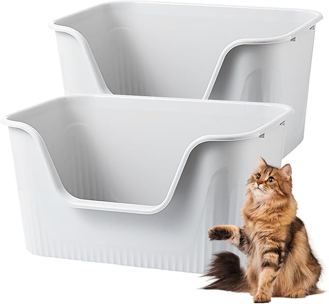 Vealind 2 Extra Large Cat Litter Box with High Sides, XL Litter Boxes for Indoor Big Cats, Grey Big Tall Deep High Wall Litter Box for 2 or Multiple Cats-Mewly Pet