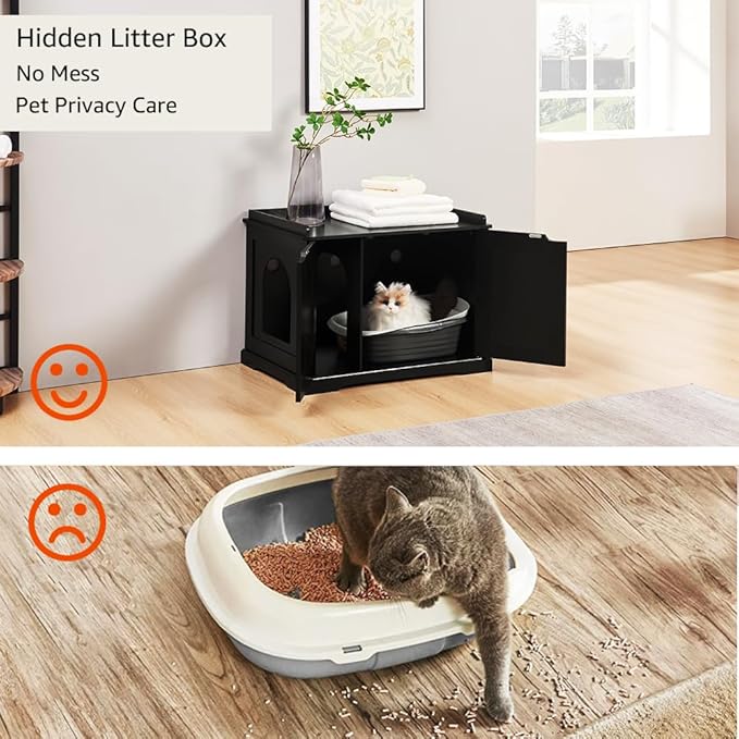 unipaws Black Cat Litter Box Enclosure Furniture, Kitty Hidden Cover, Concealed Dog Proof Litter Boxes Cabinet, Hideaway Litter Box, Cat House-Mewly Pet