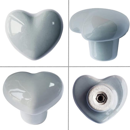 Ceramic Drawer Knobs Heart Shape Cabinet Dresser Pulls Handles with 3 Sized Screws, Kitchen Furniture Knobs for Closet Cupboard Wardrobe (6, Grey)