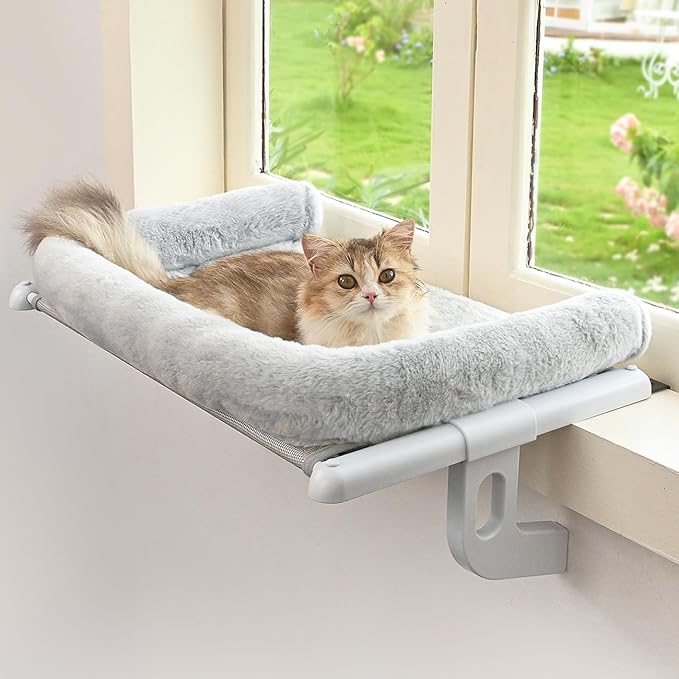 Cat Window Sill Perch with Large Bolster, Easy to Adjust & Assemble Cat Window Seat for Windowsill & Bedside, Pet Hammock Bed for Large Cats and Kittens (Grey, M)-Mewly Pet