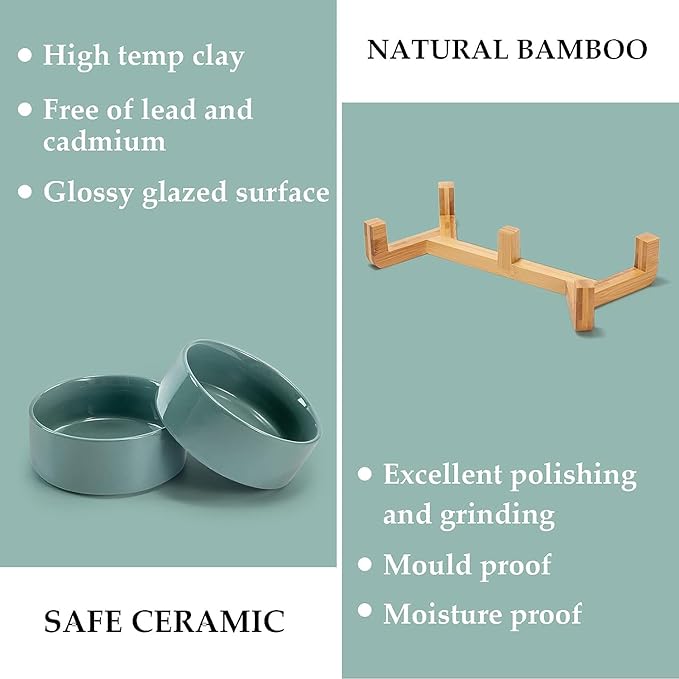 SPUNKYJUNKY Ceramic Dog and Cat Bowl Set with Wooden Stand, Modern Cute Weighted Food Water Set for Small Size Dogs (13.5OZ) & Medium Sized Dogs (28.7OZ) & Cats (1.7 Cups, 2 × Morandi Green)-Mewly Pet
