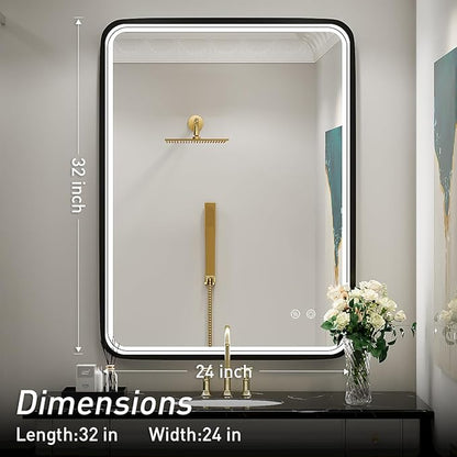 32X24 Inch LED Bathroom Mirror with Light, Black Metal Frame Mirror, Wall Mounted Lighted Vanity Mirrors for Wall, Anti Fog Dimmable Led Mirror for Makeup
