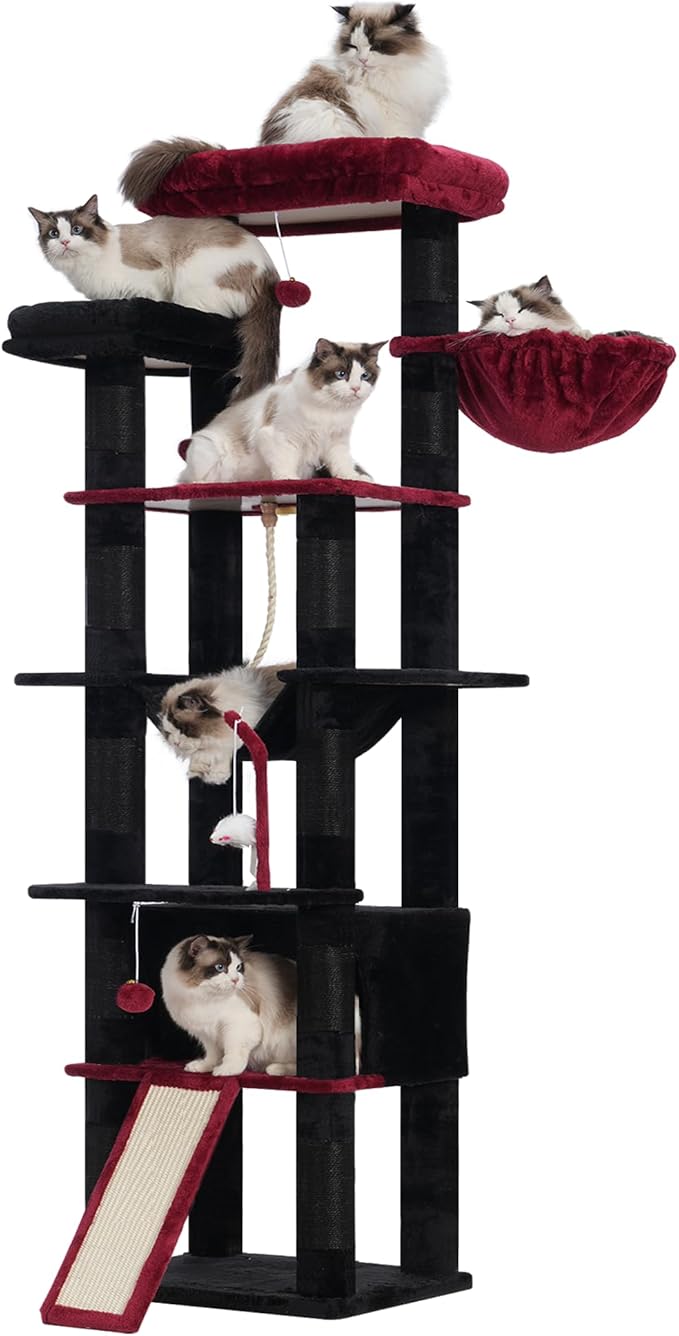 Heybly Tall Cat Tree, 78-inch Multi-Level Cat Tower for Indoor Cats, 2 Widened Plush Perches Cat Condo with Scratching Board and Big Caves, Black and Red HCT033BR-Mewly Pet