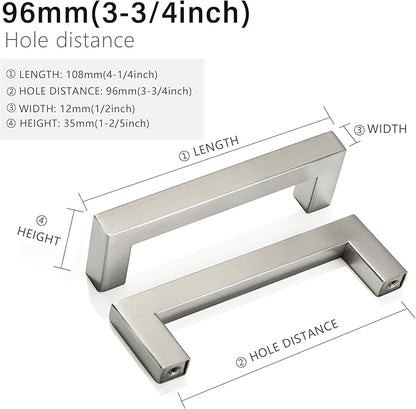 Cabinet Pulls Brushed Nickel Cabinet Handles Square Drawer Pulls, 40 Pack 3-3/4 Inch Stainless Steel Kitchen Door Cupboard Cabinet Handles, Cabinet Hardware Drawer Handles, 96mm Hole Centers