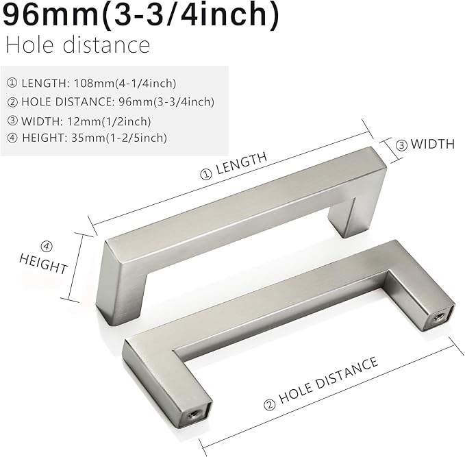 Cabinet Pulls Brushed Nickel Cabinet Handles Square Drawer Pulls, 2 Pack 3-3/4 Inch Stainless Steel Kitchen Door Cupboard Cabinet Handles, Cabinet Hardware Drawer Handles, 96mm Hole Centers