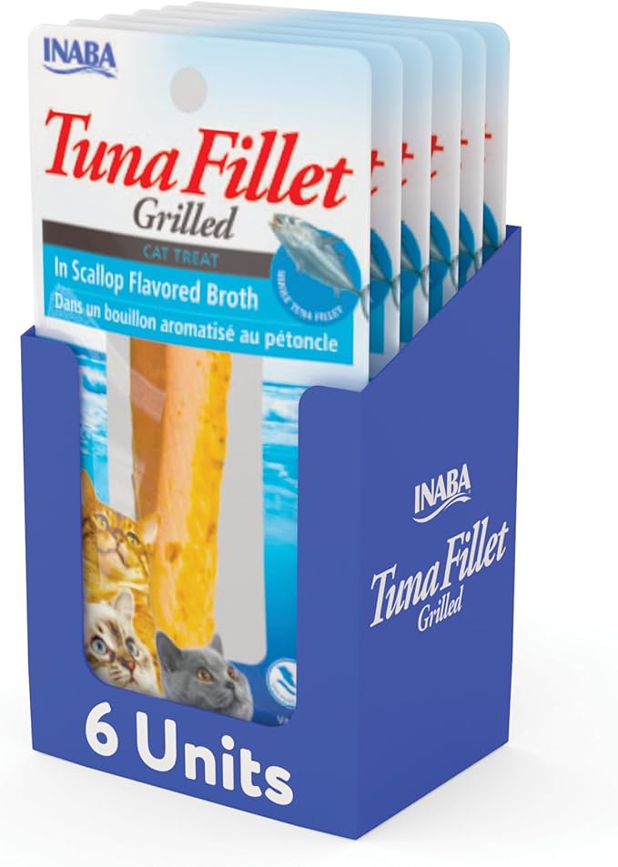 INABA Premium Hand-Cut Grilled Tuna Fillet Cat Treats/Topper with Vitamin E and Green Tea Extract, 0.52 Ounces Each, Pack of 6, Scallop Broth-Mewly Pet