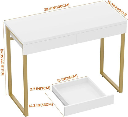 GreenForest Vanity Desk with 2 Drawers,47 inch White Desk with Glossy Desktop Easy Clean,Makeup Dressing Table with Metal Gold Legs for Home Office Small Spaces,Bedroom